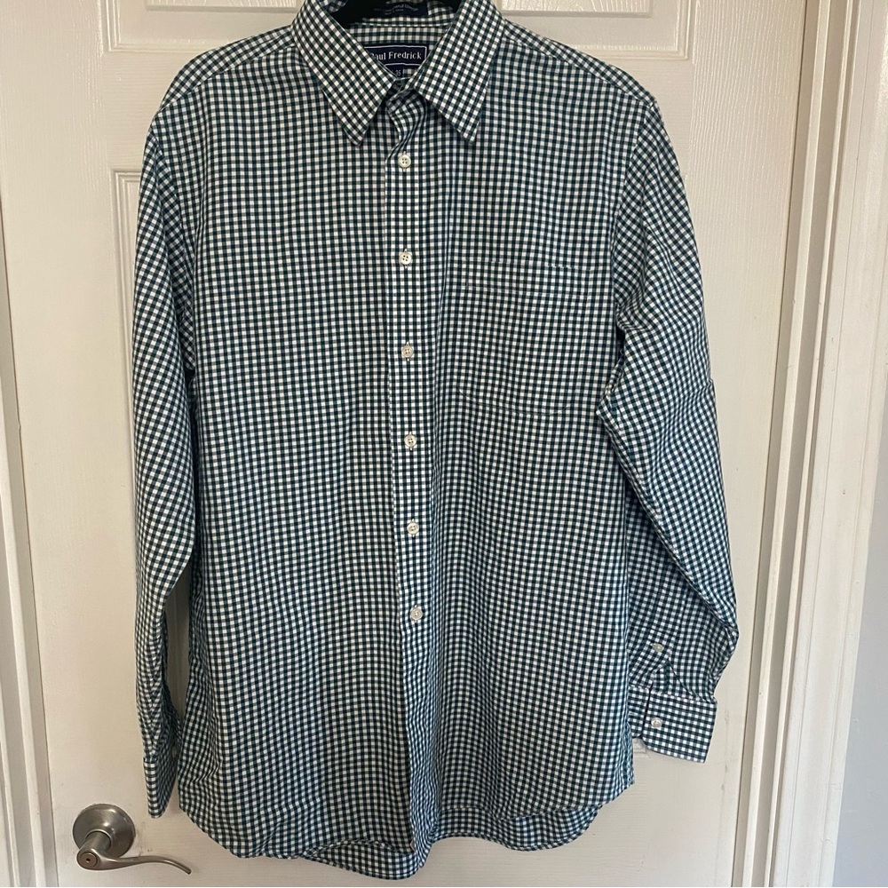 Paul Fredrick Mens Green Checkered Dress Shirt Long Sleeve (16-35) 100% Cotton